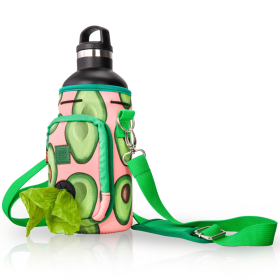 Made Easy Kit Water Bottle Carrier w/Pocket for Dog Poop Bag (Color: Green Pink Avocado, size: 32oz Large)