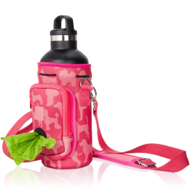 Made Easy Kit Water Bottle Carrier w/Pocket for Dog Poop Bag (Color: Pink Dog Silhouettes, size: 32oz Large)