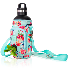 Made Easy Kit Water Bottle Carrier w/Pocket for Dog Poop Bag (Color: Teal Floral, size: 32oz Large)