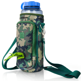 Made Easy Kit Water Bottle Carrier w/Pocket for Dog Poop Bag (Color: Camo Dark Green, size: 40oz Tall & Large)