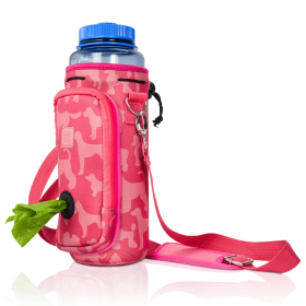 Made Easy Kit Water Bottle Carrier w/Pocket for Dog Poop Bag (Color: Pink Dog Silhouettes, size: 40oz Tall & Large)