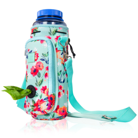 Made Easy Kit Water Bottle Carrier w/Pocket for Dog Poop Bag (Color: Teal Floral, size: 40oz Tall & Large)