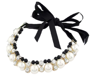 Lovely Pearl Ribbon Necklace (Color: Black, size: medium)